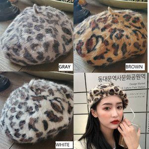 Luxury Fur Winter Leopard Beret Hat Women Fashion 3 Colors White/Gray/Brown
